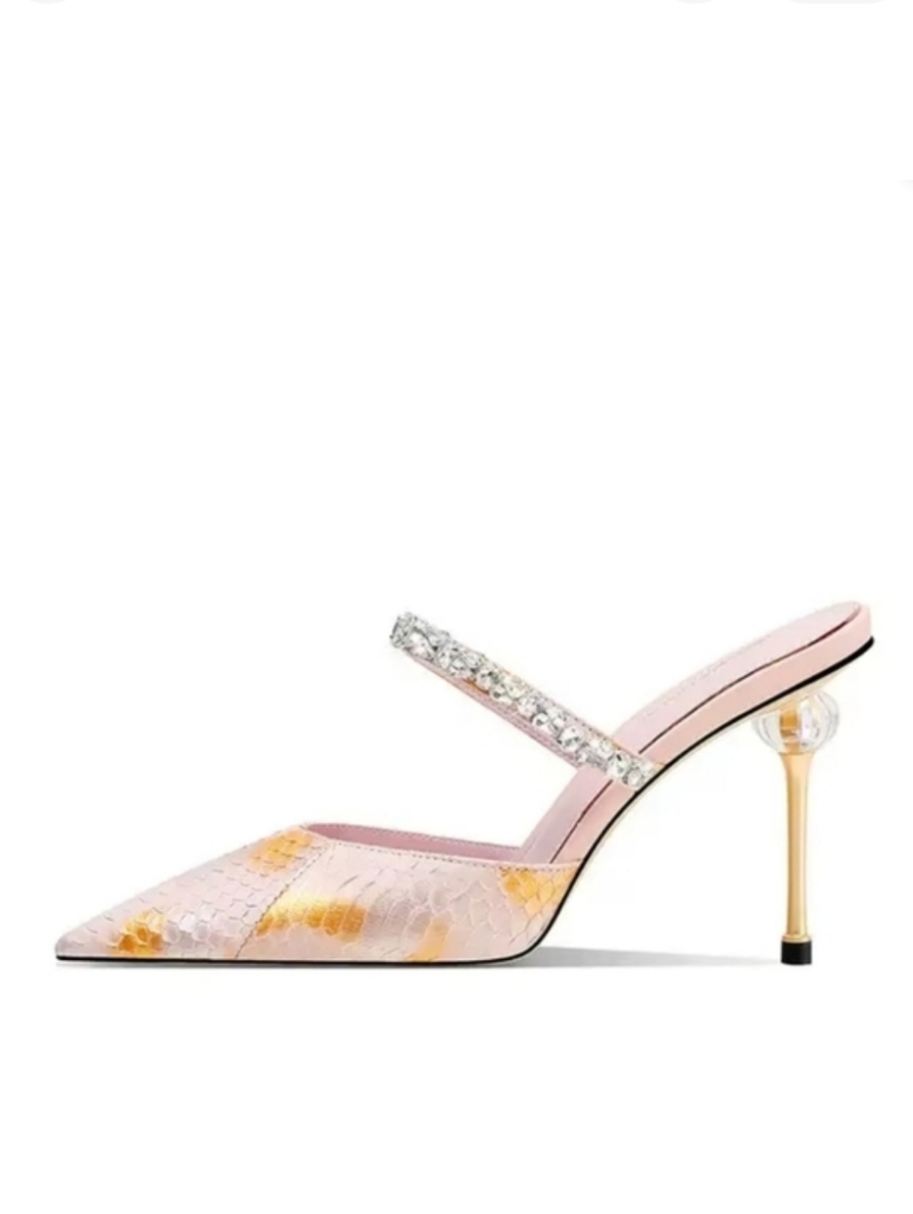 Xinzi Rain Rhinestone Crystal Strap Stiletto Heels Pointed Toe Pink & Gold 37 7
